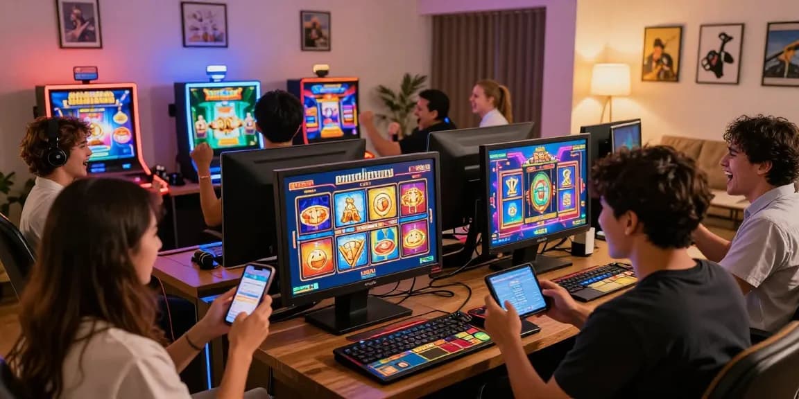 Pemain menikmati slot gacor online di rumah, penuh kegembiraan dengan berbagai mesin slot.