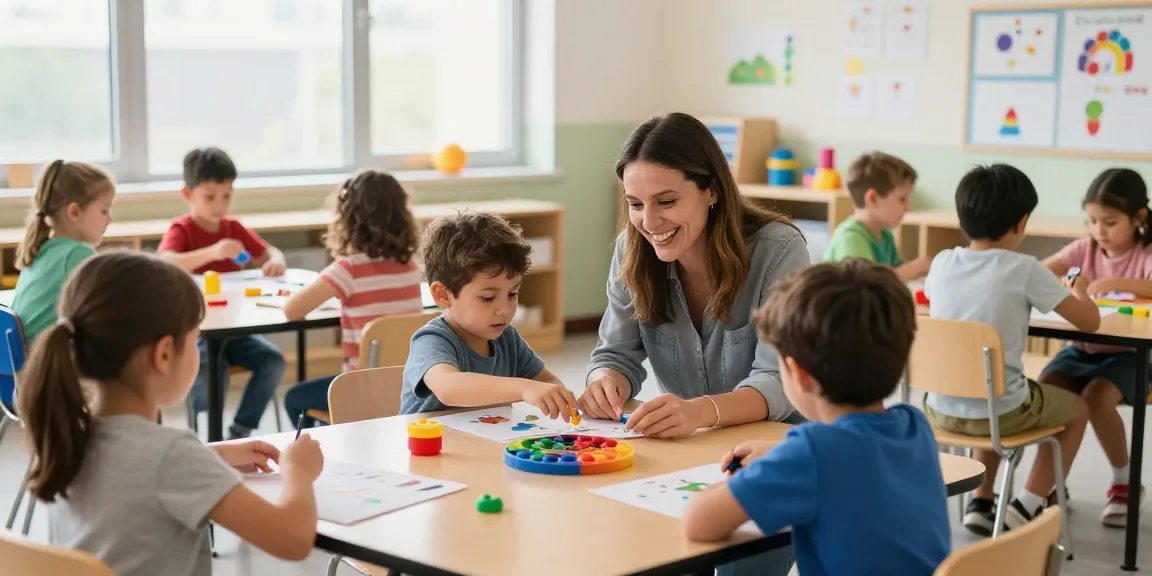 Children engaged in ABA treatments Burlington in a bright, inclusive classroom environment with supportive learning materials.