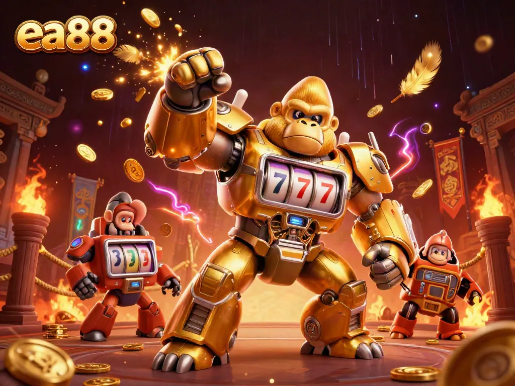 Experience the energetic world of ea88 with a golden gorilla mech and casino elements.