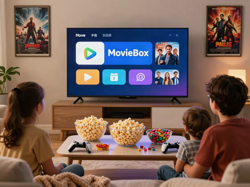 Family enjoying a movie using the MovieBox app in a cozy living room.