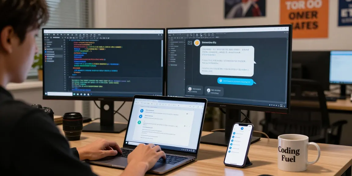 Customizing Telegram Chinese settings in a tech workspace with monitors displaying coding.