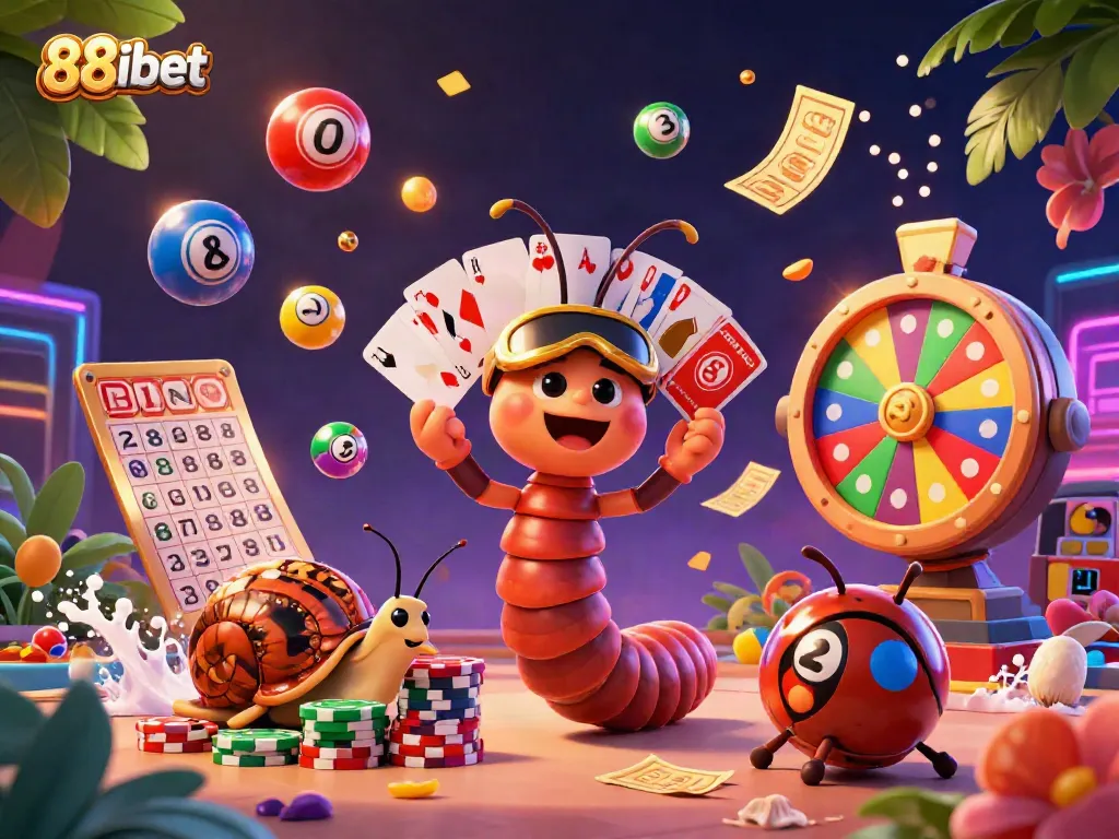 Experience thrilling excitement with 88ibet as a cartoon dealer showcases vibrant lottery and gaming elements in an engaging casino illustration.